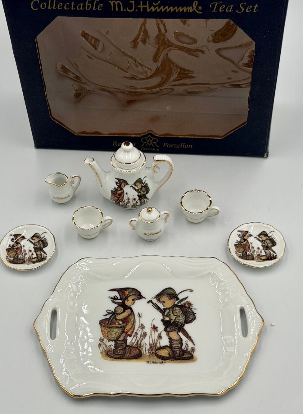M. J. Hummel Mini Tea Set "Off To Town" "Looks Like Rain" Reutter Porcelain NIB